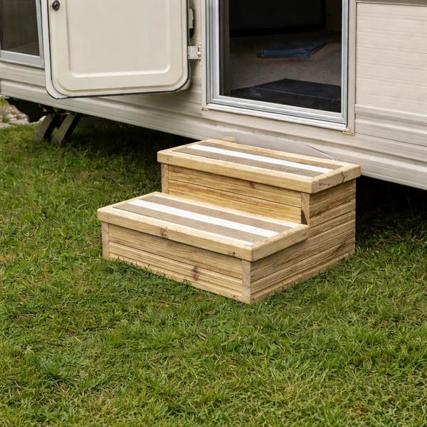 Timber decking steps used outside caravan door for safe entry