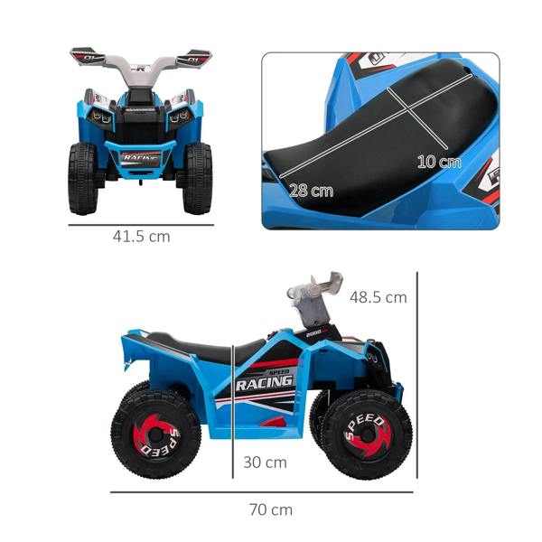 Blue ride-on quad bike with black seat, shown from front and side angles