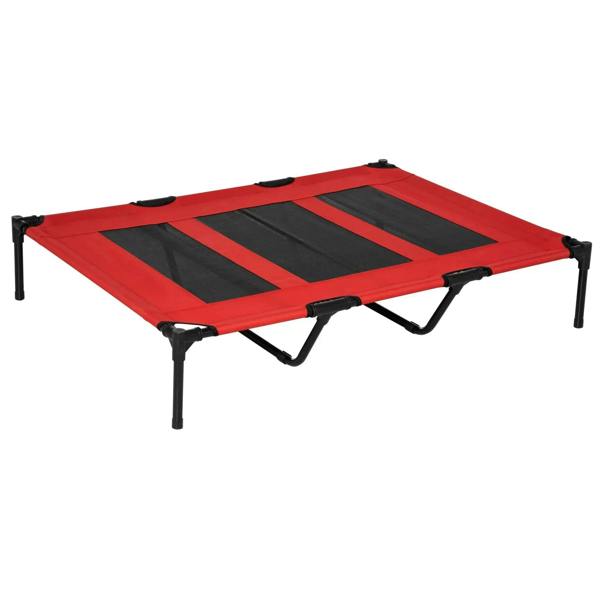 Red elevated dog cot with breathable black mesh panels and black steel legs