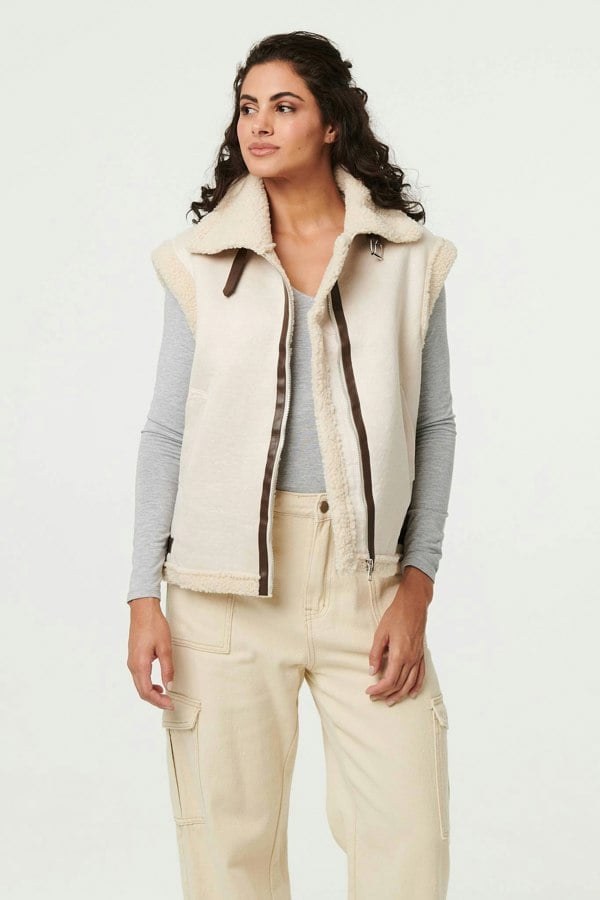 Ivory | Faux Suede Fur Lined Sleeveless Gilet
