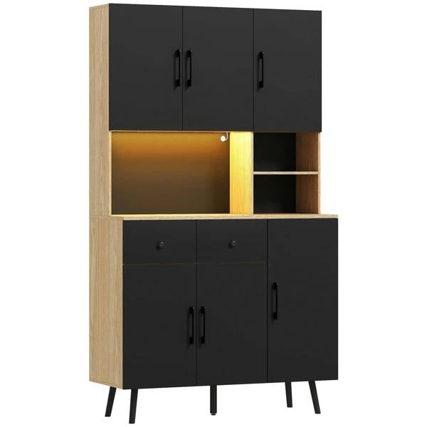 Oak and black kitchen cupboard with LED-lit open shelf and cabinet doors, two-tier design.
