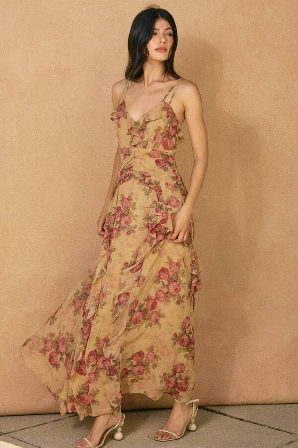 BALOU Womens Vintage Floral Ruffle Dress