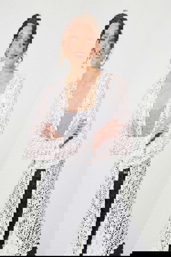 White | Crochet Knit Longline Waterfall Cardigan
