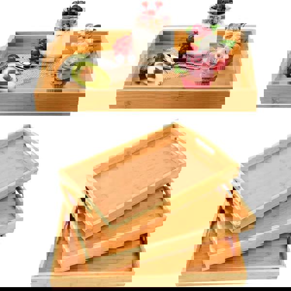 MANTRARAJ Bamboo Serving Trays with Handles Set of 3 Wooden Platters Rectangular Wooden Breakfast Tray