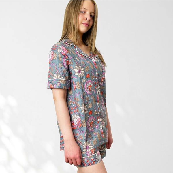 Hayley & Co Floral 100% Cotton Short Pyjama Set in Grey and Pink