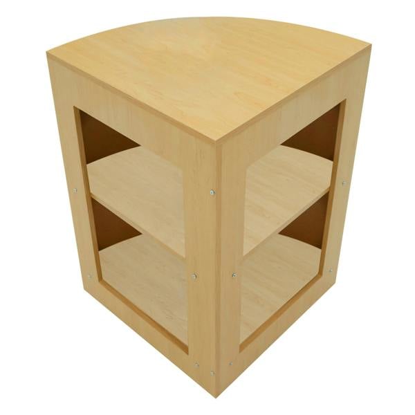Maple Helios LED shop counter set featuring a curved top, two open shelves, and a smooth, light wood finish for modern displays