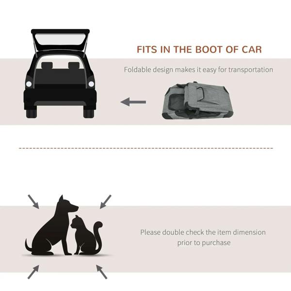 Folded grey pet carrier shown fitting in a car trunk with size-check guidance
