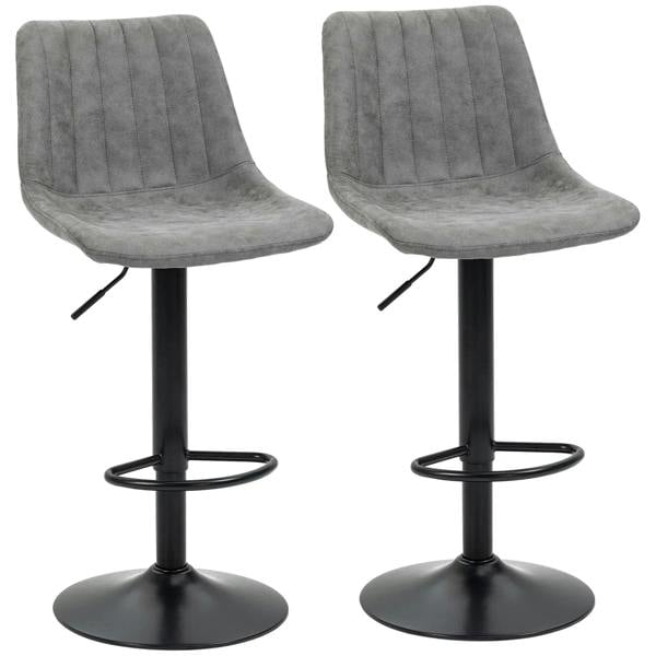Set of 2 grey bar stools with upholstered seats and black round footrest bases