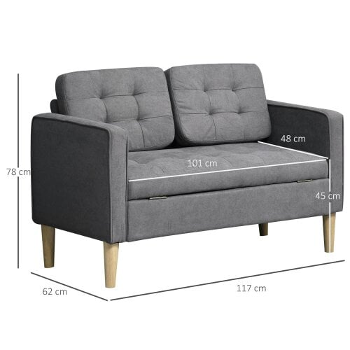 Wyld Haus Labasu Fabric Grey 2 Seater Sofa With Hidden Storage Tufted Seat And Wooden Legs