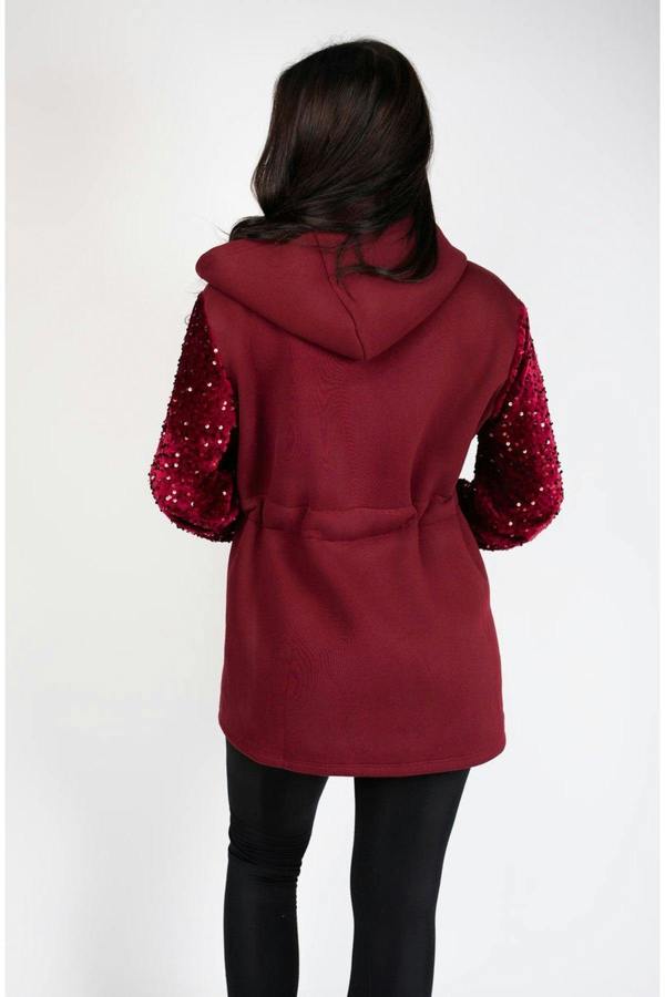 Evalora Zip Up Hoodie With Sequin Sleeve Detail - Wine