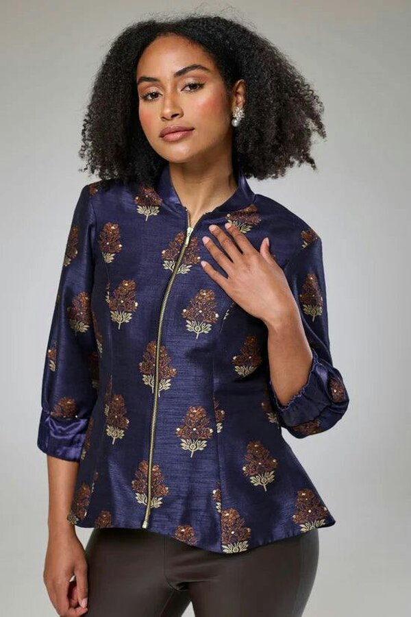 Lioness by TF Auburn Embroidered Raw Silk Fitted Jacket Blouse