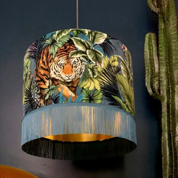 Big Cat Velvet Lampshade With Gold Lining And Fringing