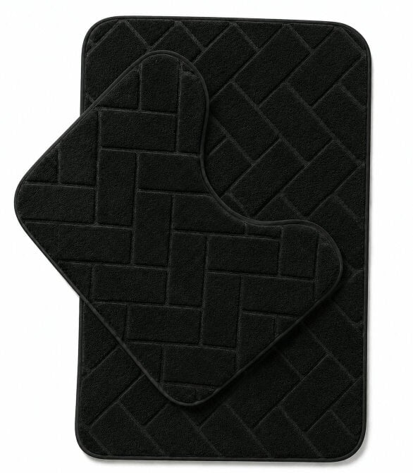 Night Zone Memory Foam Bath Mat Set – Block Bricks Design Non-Slip Bathroom Rug - Black