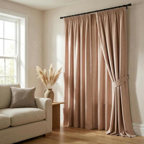 Mestre made-to-measure curtains in Powder, styled in a living room