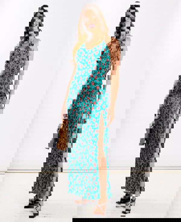 Green leopard Ruched Maxi Dress