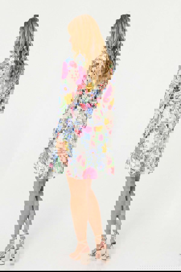 Pink | Floral Long Sleeve Tiered Short Dress
