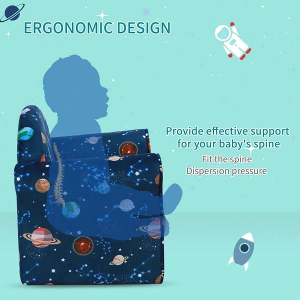 Side view of blue space-themed kids armchair with ergonomic back support