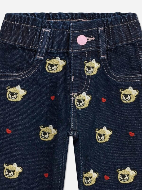 Guess Girls Embroidered Bear Mom Fit Jeans in Blue