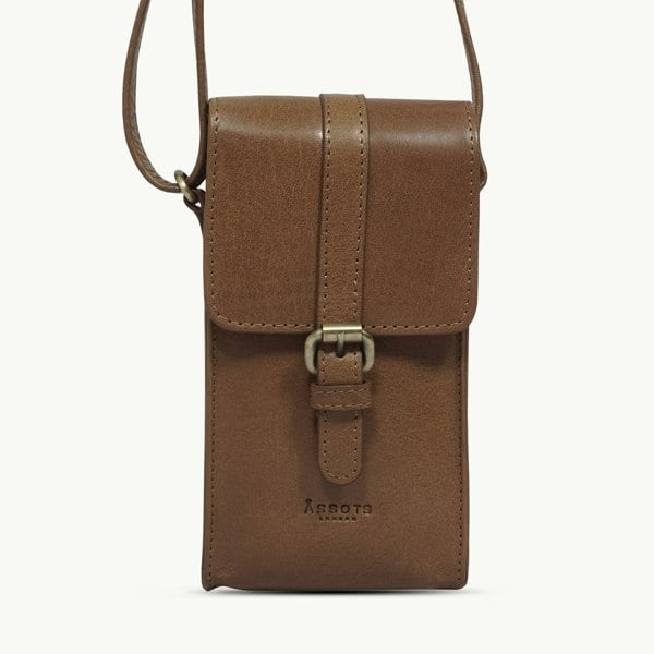 Assots London 'PETRA' Tan Polished VT Real Leather Mobile Phone Crossbody Bag