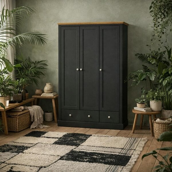 Wyld Haus Ardee Dark Grey and Natural Oak Wooden 3 Door 2 Drawer Wardrobe