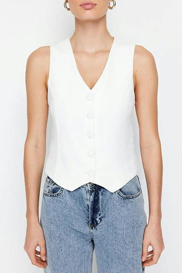 WOVCOR Crop Woven Vest with Buttons