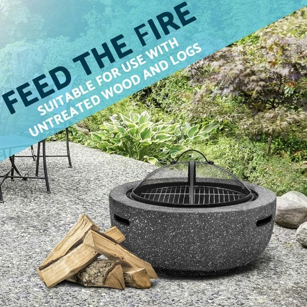 60cm Dark Grey Round Fire Pit Wood Burner & BBQ Grill Party Dining Garden Heater - LoopsDirect