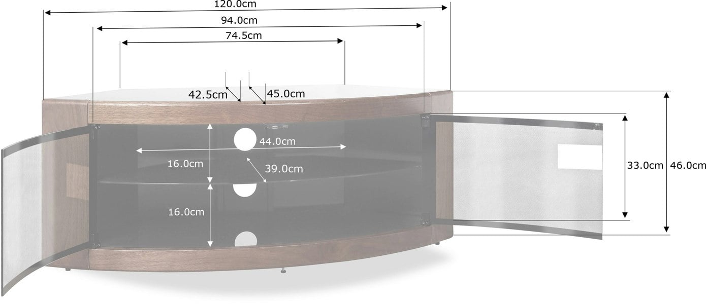 Centurion Supports PANGEA Black Walnut Beam-Thru Curved Tru-Corner 32"-50" TV Cabinet