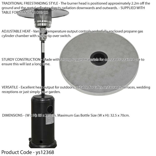 13kW Black Propane Gas Tower Patio Heater & Drinks Table Set - Outdoor Garden - LoopsDirect