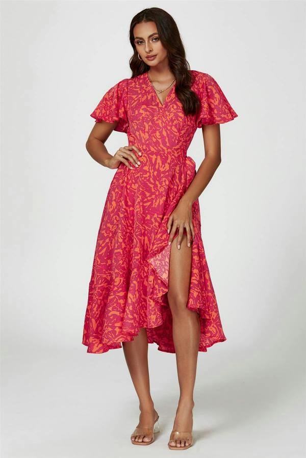 FS Collection Abstract Print Midi Wrap Dress In Fuchsia
