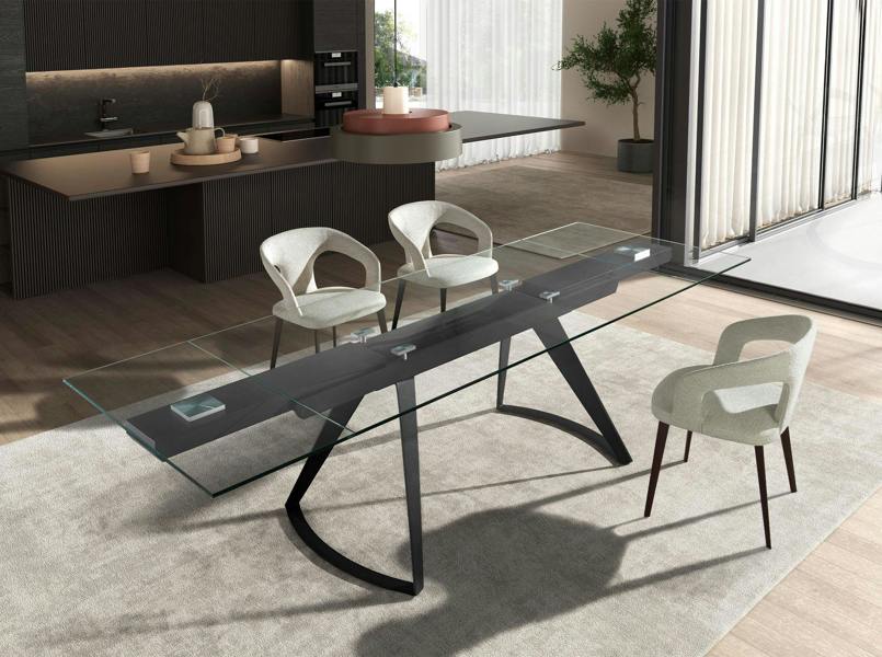 Angel Cerdá Rectangular extendable dining table in tempered glass and black steel 1150
