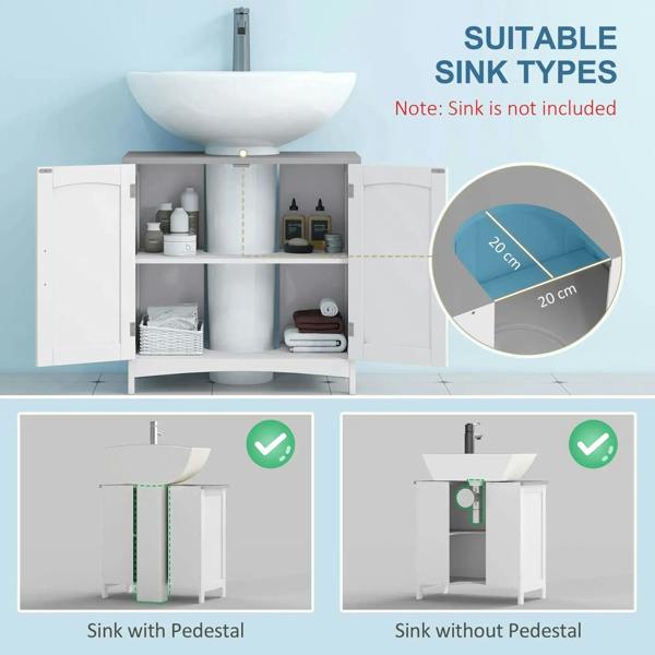 White under-sink cabinet with double doors open, revealing adjustable storage shelves