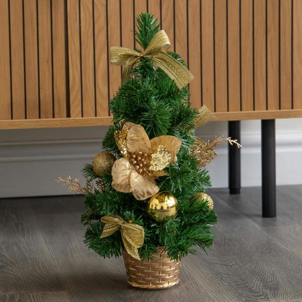 Samuel Alexander 40cm Golden Fir Mini Christmas Tree with Gold Baubles, Ribbons & Poinsettias