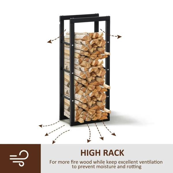 Black vertical firewood log rack holding stacked logs with front opening