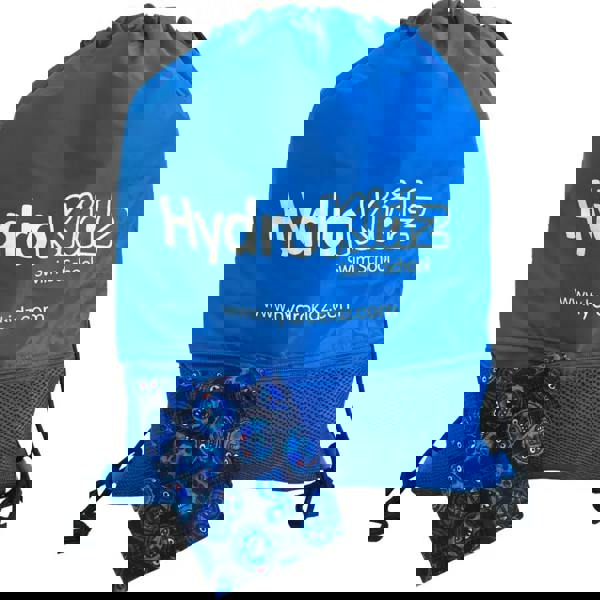 Blue HydroKidz drawstring swim backpack with mesh sides, patterned bottom, logo and 5cm depth