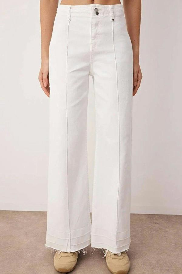 WOVCOR High Waist Cut-Out Wide Leg Jeans with Ribbed Detail