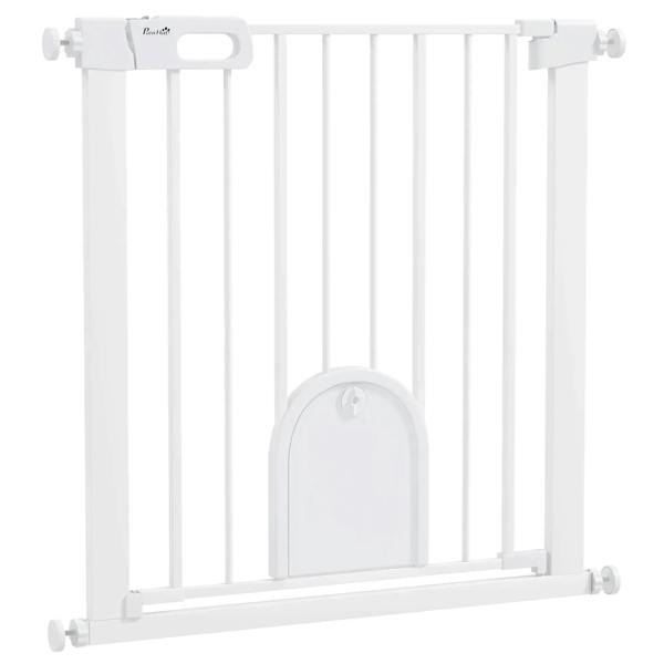 White pet safety stair gate with arched cat door and pressure-fit frame
