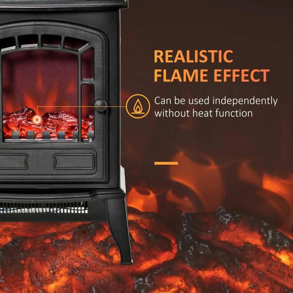 Close-up of black electric fireplace glass door with red flame effect