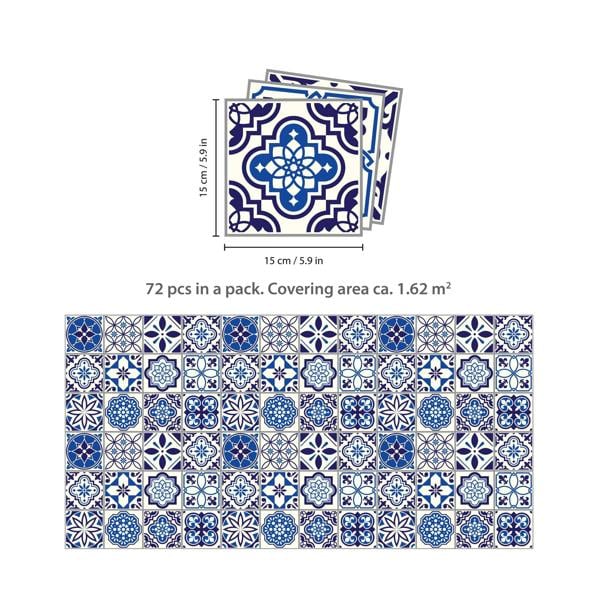 WT1501 - Spanish & Moroccan Blue Tiles Mix Wall Stickers - 15 cm  x 15 cm - 24 pcs.
