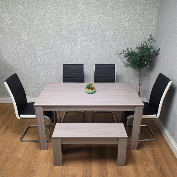 Kosy Koala Dining Table Set with 4 Black Faux Leather Chairs & Bench, Light Grey Arrow Pattern, 140cm