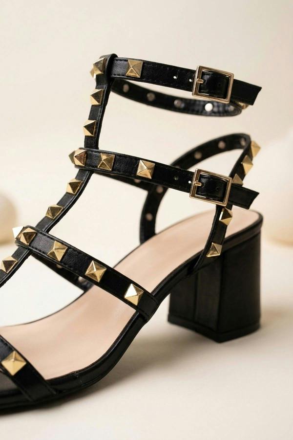 Edie Studded T Bar Block Sandals - Black