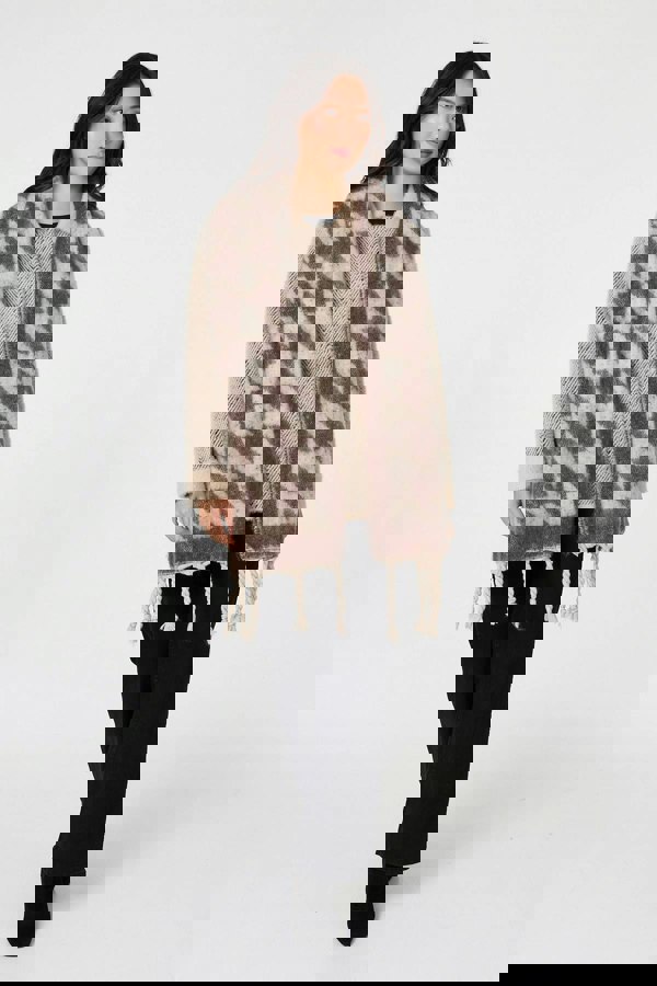 Blue | Houndstooth Print Oversize Fringed Scarf
