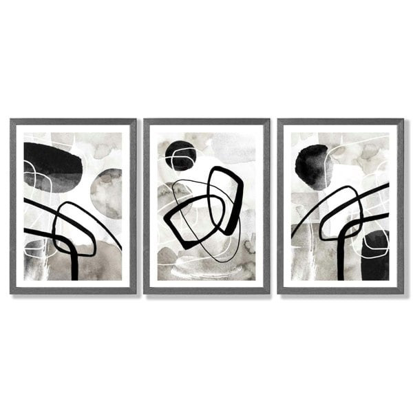 Artze Wall Art Set of 3 Abstract Black Grey Watercolour Framed Wall Art