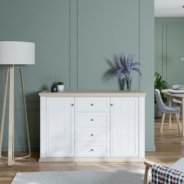 Furniture To Go Pontypool 4 Drawer & 2 Door Sideboard in White and Riva Oak