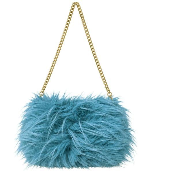 Love EMVY Ladies Fluffy Faux Fur Crossbody Shoulder Bag with Gold Chain Strap - Blue