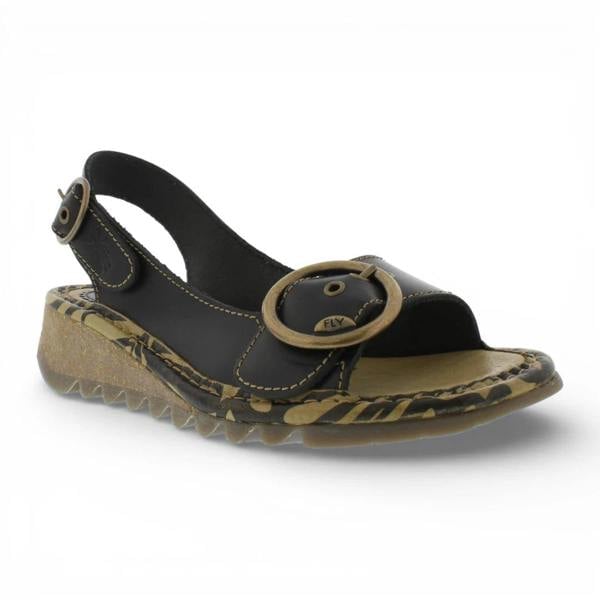 Fly London TRAM723FLY - Women’s Black Leather Wedge Sandals