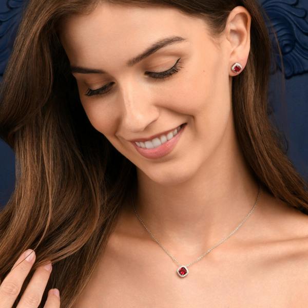 namana 925 Sterling Silver Red Cubic Zirconia Cushion Halo Pendant Necklace