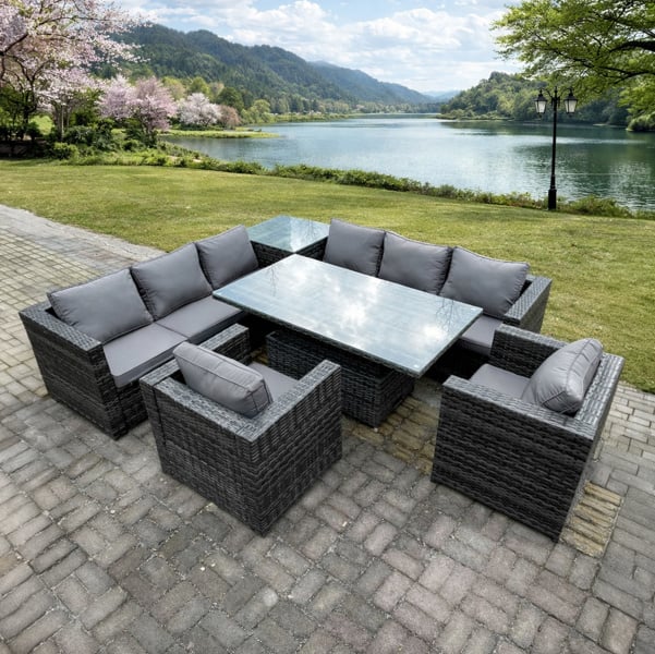 Fimous 8 Seater PE Rattan Corner Sofa Set with Rising Dining Table, Corner Side Table and 2 Arm Chairs