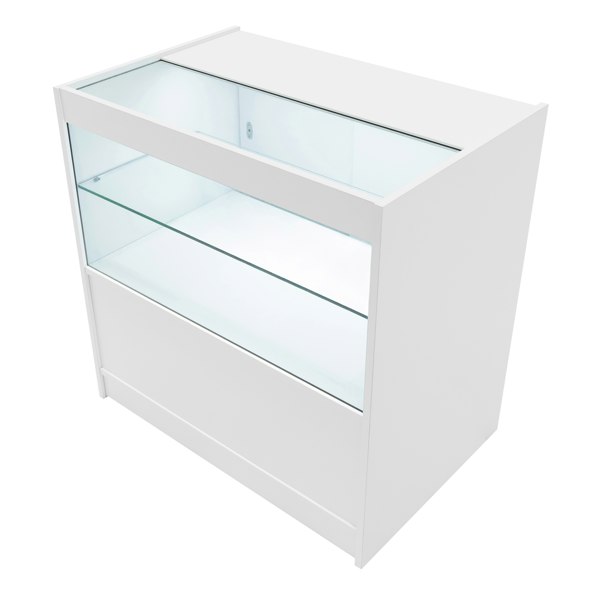 White Selene LED shop counter set with two glass shelves, sleek design, and illuminated display for showcasing products