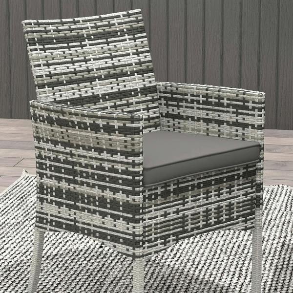 Grey woven rattan armchair with dark seat cushion and curved armrest frame detail