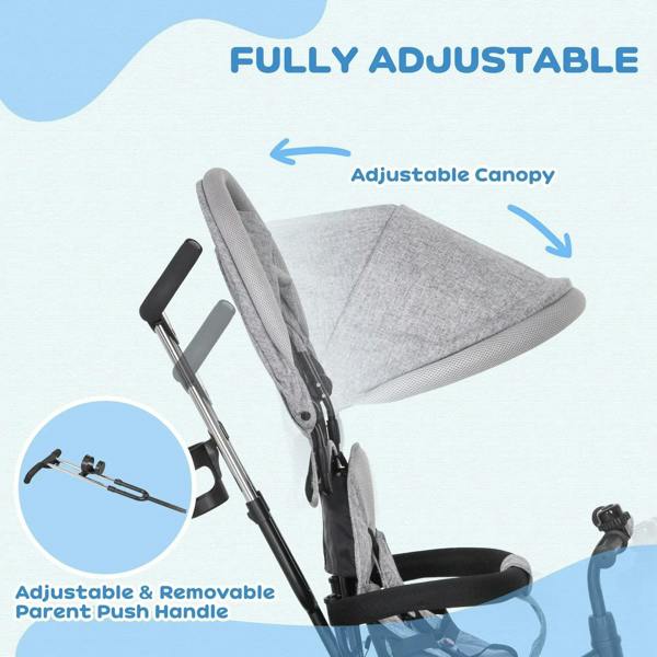 Grey kids push trike with fully adjustable, removable canopy and push handle